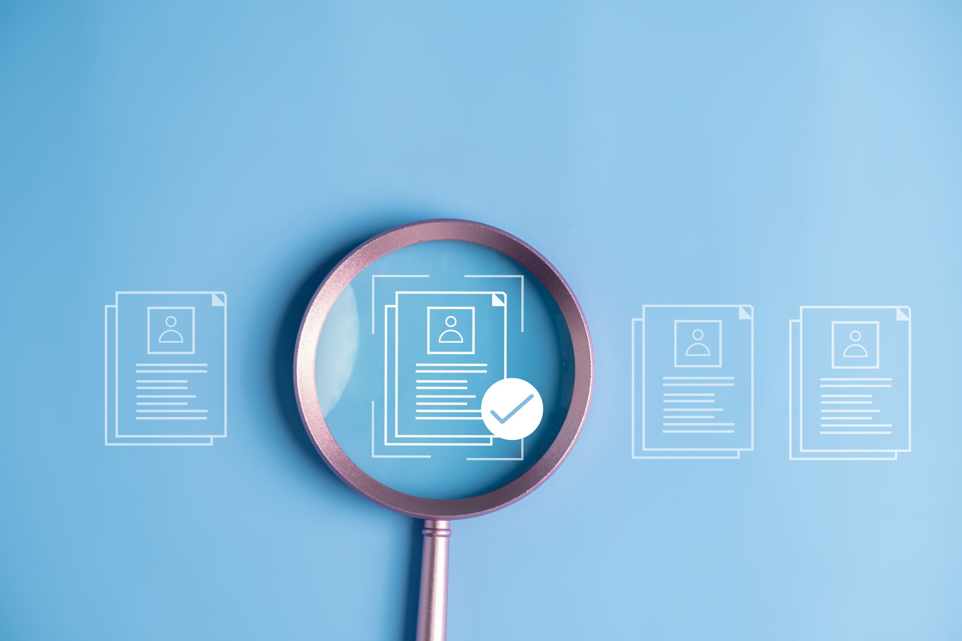 Human Resource Management and Recruitment and Hiring concept tick mark document hiring. Find team. Find People to Business.